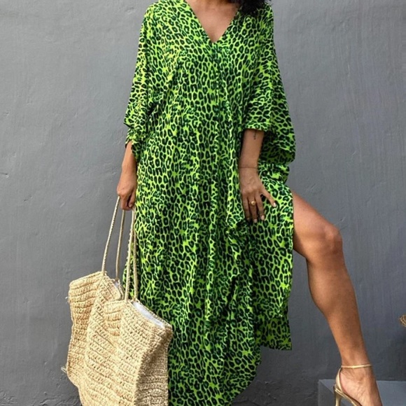 SOLD OUT Lime Green Leopard Animal Print V-Neck Long Maxi Kaftan Kimono Dress - Picture 7 of 8
